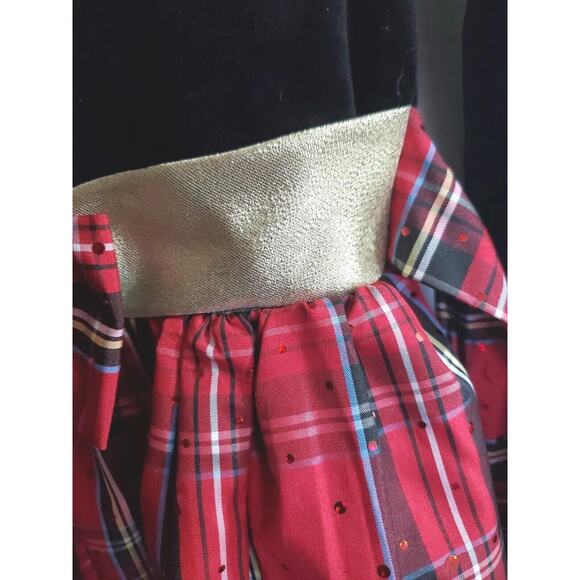 Dollie & Me Girl's Black Velvet Red Plaid Gold Bow Size 10 Tie Back Belt Buttons - Picture 3 of 15